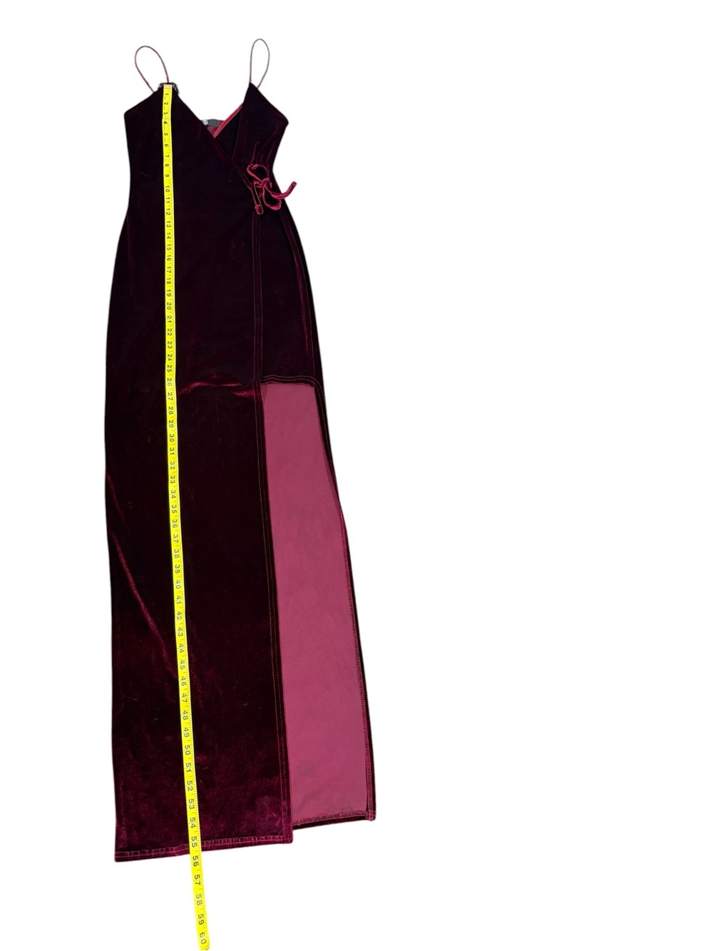 Missguided Burgundy Velvet Faux Wrap Maxi Dress High Slit Spaghetti Strap US 4 - Picture 9 of 13
